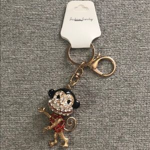 Rhinestone Monkey Keychain Key Ring - Red